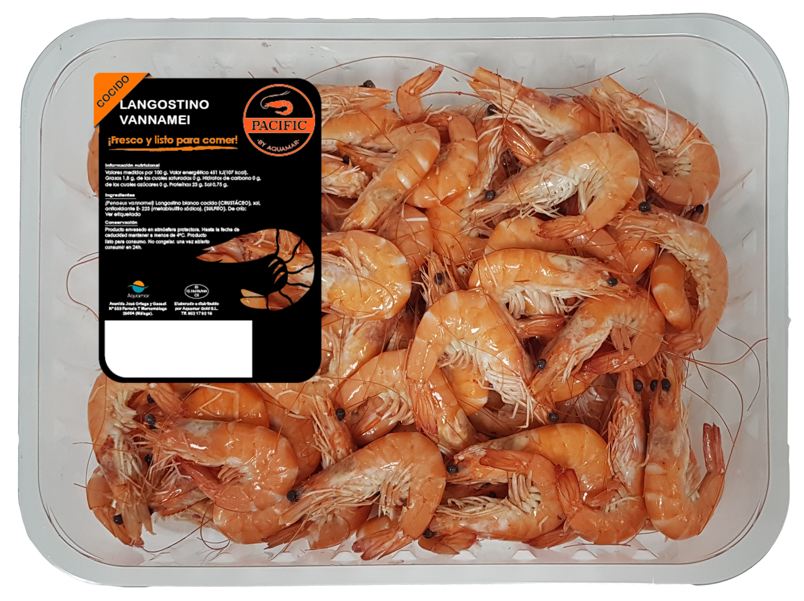 Langostino recién cocido refrigerado en bandeja termosellada. Listo para consumir